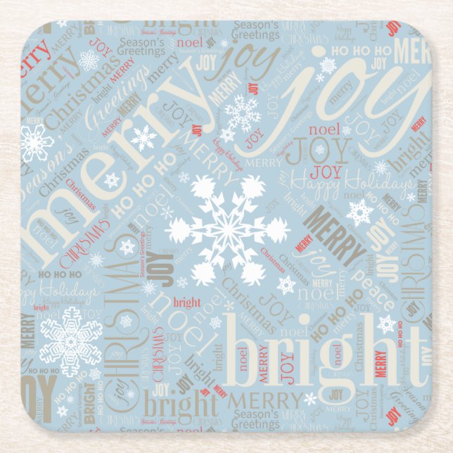 Christmas Text and Snowflake Pattern Blue ID257 Square Paper Coaster (Front)