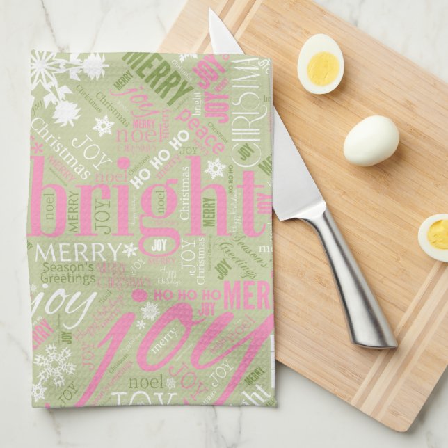 Christmas Text and Snowflake Pattern Pink ID257 Kitchen Towel (Quarter Fold)