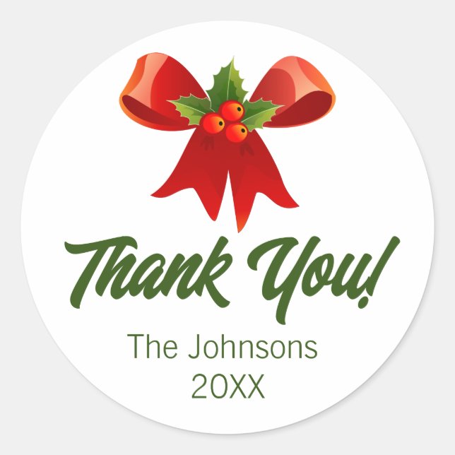 Christmas Thank You Stickers Red Ribbon Holly Bow (Front)