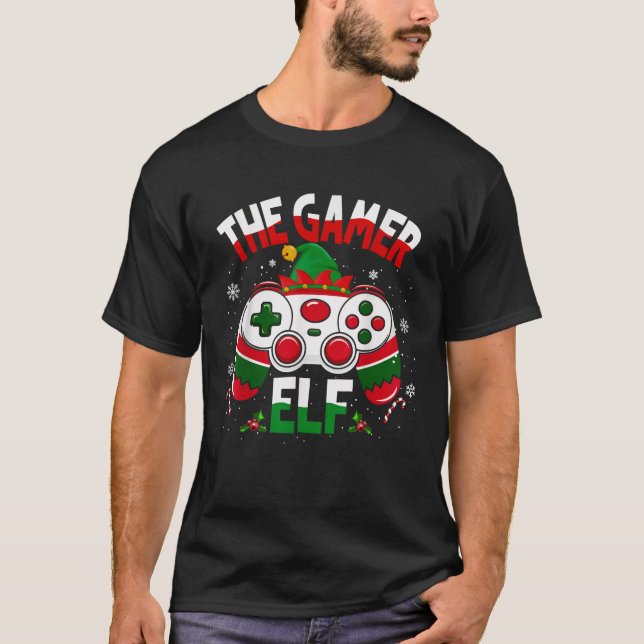 Christmas The Gamer Elf Video Gaming Ugly Xmas Swe T-Shirt (Front)