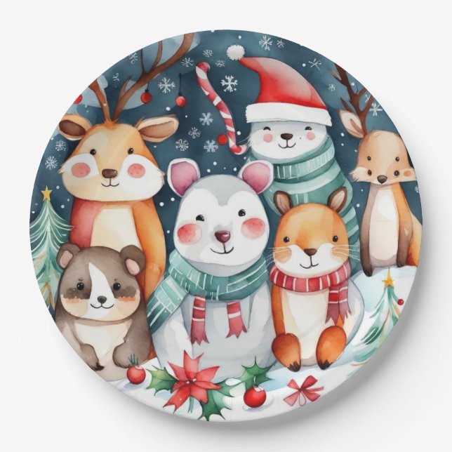 Christmas theme Christmas cute animals  Paper Plate (Front)