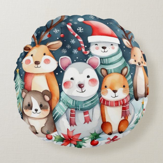 Christmas theme Christmas cute animals  Round Pillow (Front)
