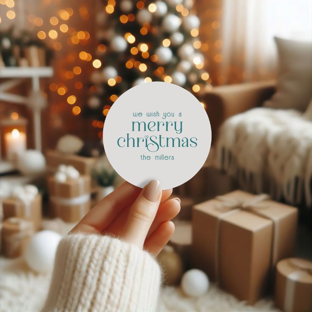 Christmas Theme Design Turquoise Retro Typography Classic Round Sticker (Creator Uploaded)