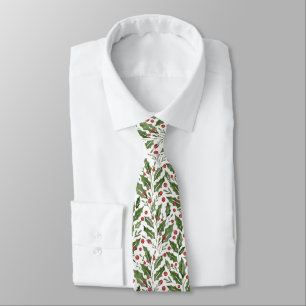 Christmas Theme Holly, Mistletoe, Berries Pattern Tie