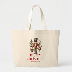 Christmas Theme Nutcracker Red Retro Typography Large Tote Bag