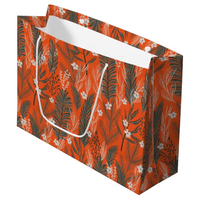 Christmas theme pattern greenery white flowers large gift bag (Front Angled)
