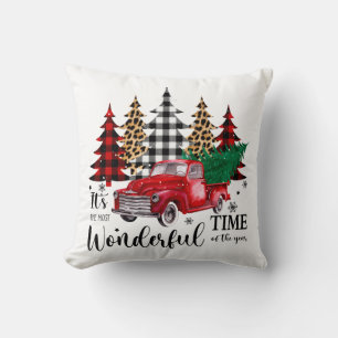 Christmas theme red old truck with colourful trees throw pillow