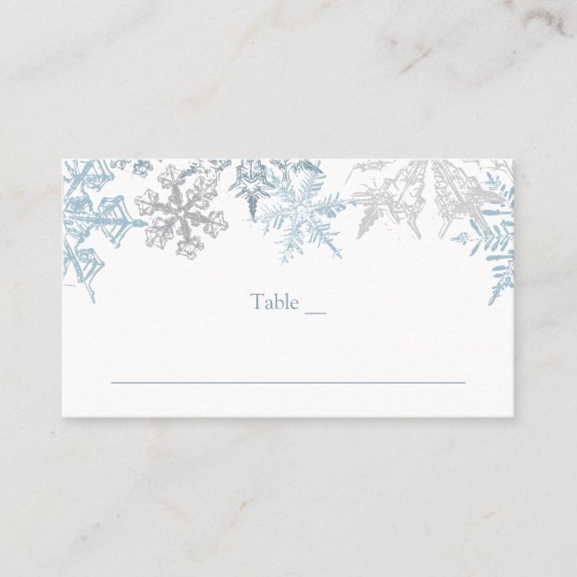 Christmas Theme Silver Blue Snowflakes Wedding Place Card (Front)