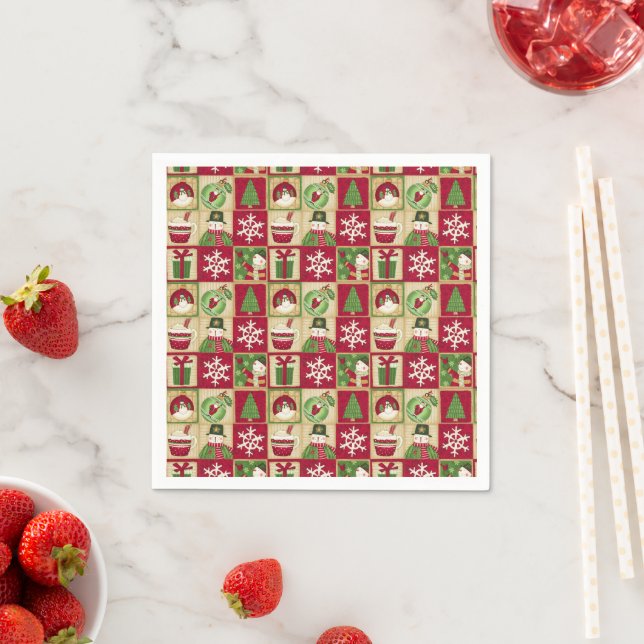 Christmas Theme Snowman Snowflakes Red Green Gold  Napkin (Insitu)