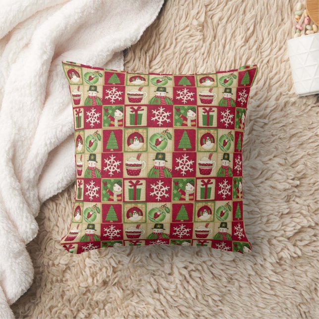 Christmas Theme Snowman Snowflakes Red Green Throw Pillow (Blanket)