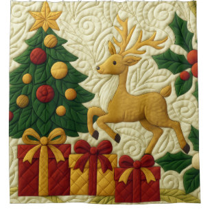 Christmas Theme Tree Reindeer Gifts Quilted Look
