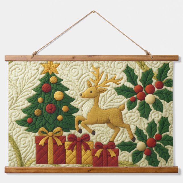 Christmas Theme Tree Reindeer Gifts Quilted Look Hanging Tapestry (Front)