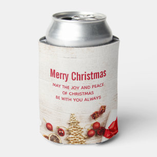Christmas Themed Items on a Rustic Wooden Board Can Cooler