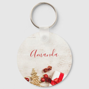 Christmas Themed Items on a Rustic Wooden Board Keychain