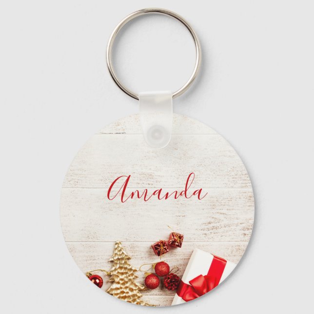Christmas Themed Items on a Rustic Wooden Board Keychain (Front)