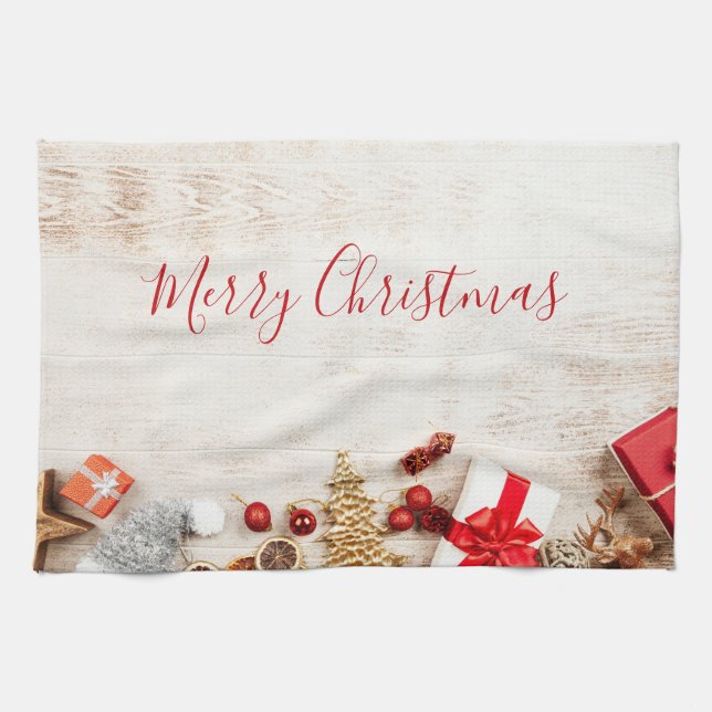 Christmas Themed Items on a Rustic Wooden Board Kitchen Towel (Horizontal)