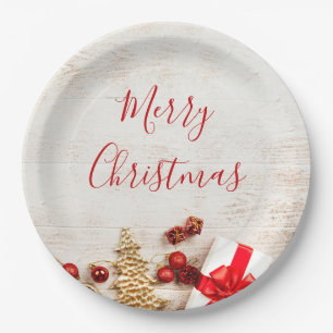 Christmas Themed Items on a Rustic Wooden Board Paper Plate