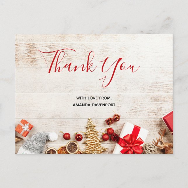 Christmas Themed Items on a Rustic Wooden Board Postcard (Front)