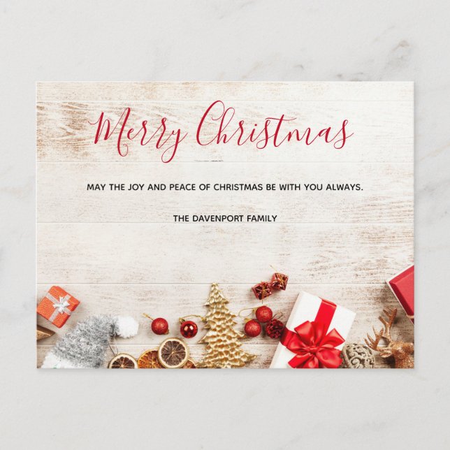 Christmas Themed Items on a Rustic Wooden Board Postcard (Front)