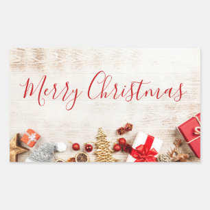 Christmas Themed Items on a Rustic Wooden Board Sticker