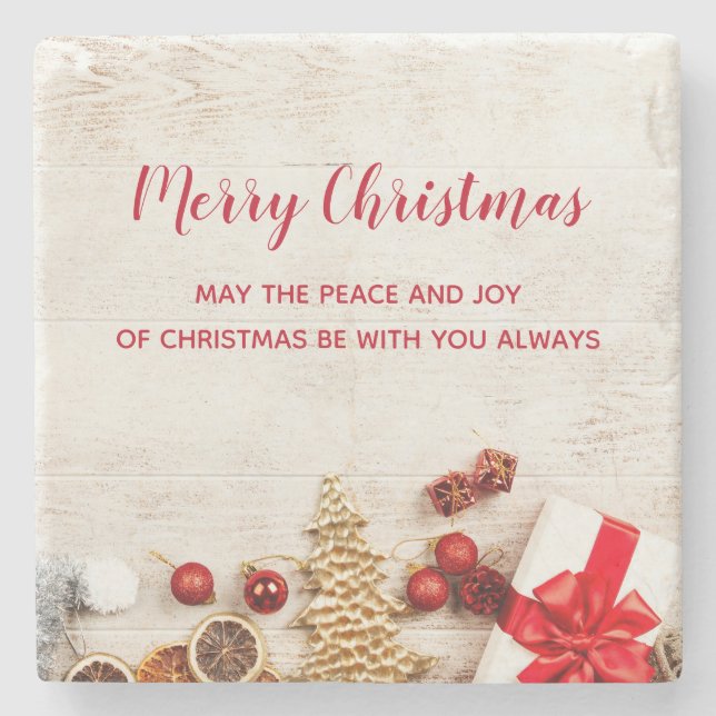 Christmas Themed Items on a Rustic Wooden Board Stone Coaster (Front)