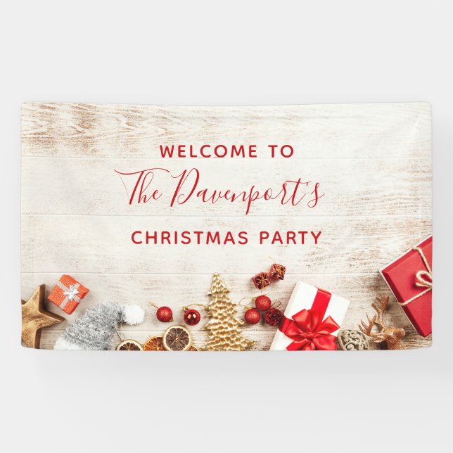Christmas Themed Items on a Wooden Board Party Banner (Horizontal)