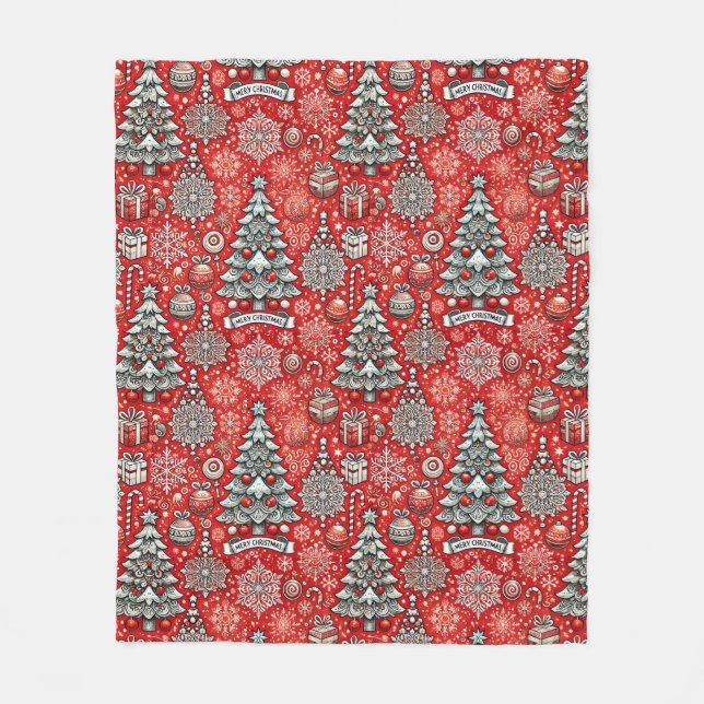 Christmas-Themed Pattern with Trees, Snowflakes Fleece Blanket (Front)
