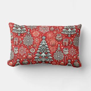 Christmas-Themed Pattern with Trees, Snowflakes Lumbar Pillow