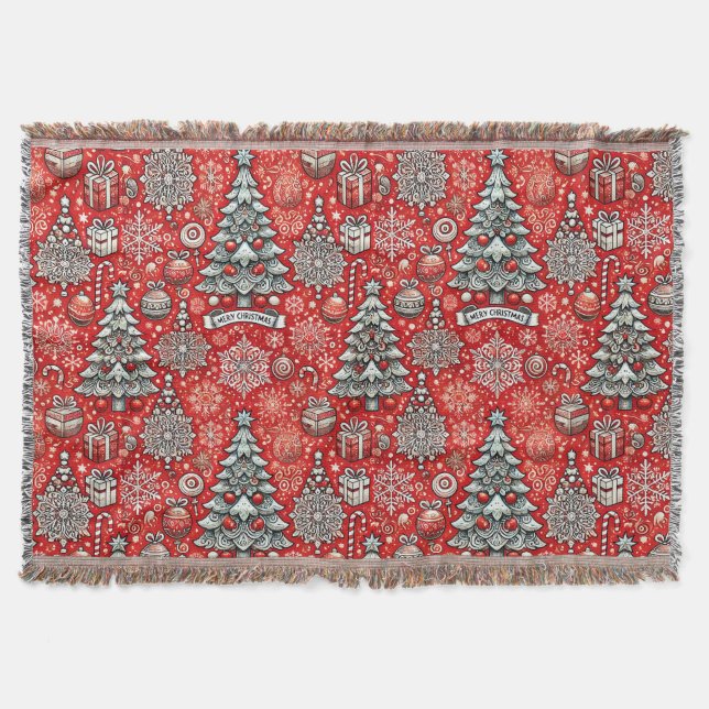 Christmas-Themed Pattern with Trees, Snowflakes Throw Blanket (Front)