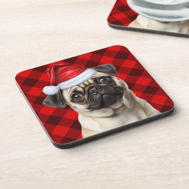 Christmas Themed Pug Dog Holiday Buffalo Plaid Coaster (Left Side)