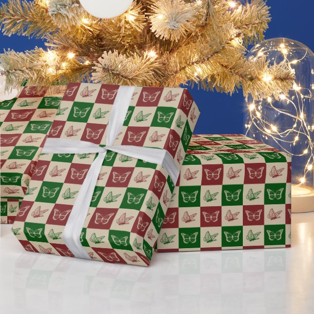 Christmas themed Red And Green Butterfly Pattern Wrapping Paper (Holidays)