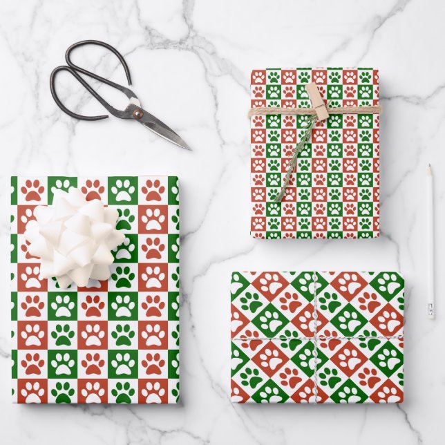 Christmas themed Red And Green Paw Print Pattern Wrapping Paper Sheet (Front)