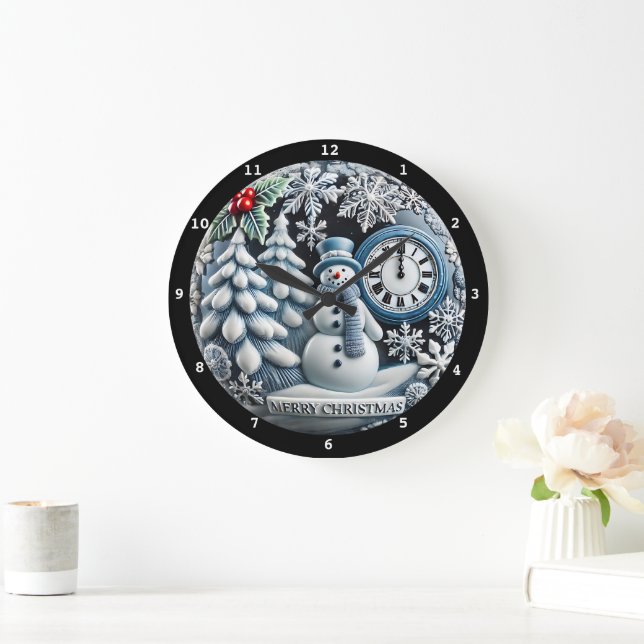 Christmas-Themed Snowman and Winter Forest Scene Large Clock (Home)