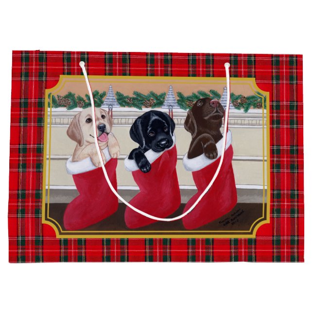 Christmas Three Labrador Puppies Tartan Large Gift Bag (Back)