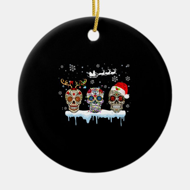 Christmas Three Mexican Flower Sugar Skull In Ceramic Ornament (Front)