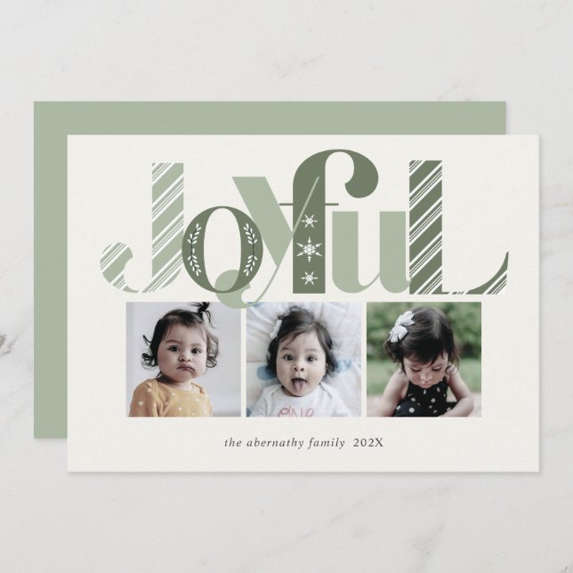 Christmas Three Photo Joyful Tea Green Holiday Card (Front/Back)
