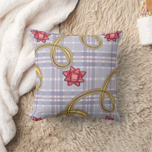 Christmas Throw Pillow, Blue Plaid Red Bow Pillow