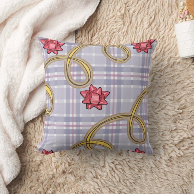 Christmas Throw Pillow, Blue Plaid Red Bow Pillow (Blanket)