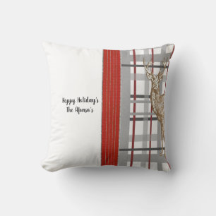 Christmas Throw Pillow, Deer Red Gray Plaid  Pillow
