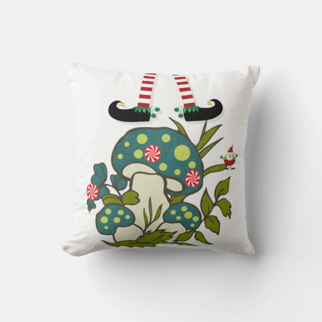 Christmas Throw Pillow, Elf Peppermint Mushroom  Throw Pillow (Front)