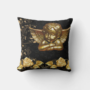 Christmas Throw Pillow, Gold Angel Floral Pillow