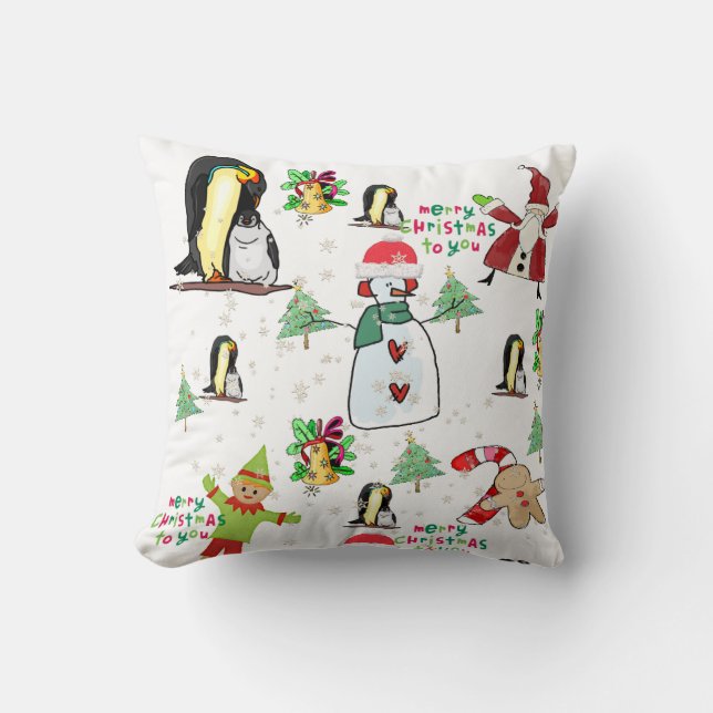 Christmas Throw Pillow, Penguin Santa Snowman Elf Throw Pillow (Front)