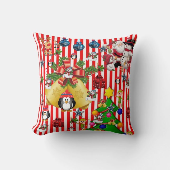 Christmas Throw Pillow, Penguin Stripe Snowman Pillow (Front)
