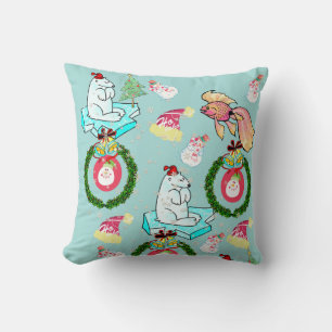 Christmas Throw Pillow, Polar Bear Fish Snowman Pillow