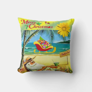 Christmas Throw Pillow, Summer Beach Bum Santa Pillow