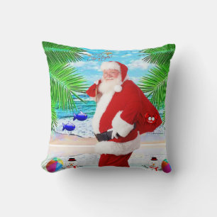Christmas Throw Pillow, Summer Beach Bum Santa Pillow