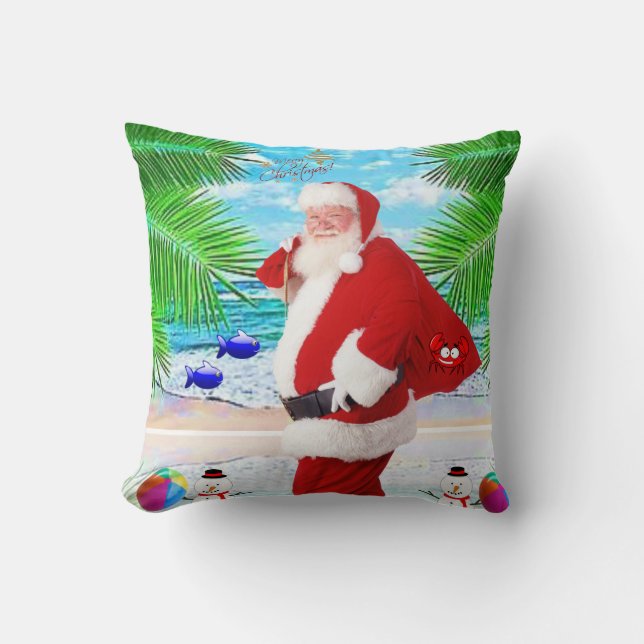 Christmas Throw Pillow, Summer Beach Bum Santa Pillow (Front)