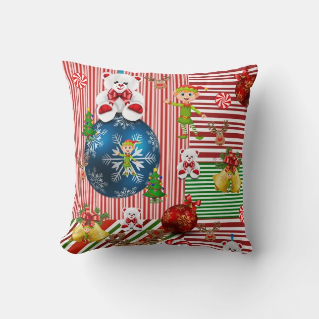Christmas Throw Pillow, Teddy Bear Stripe Pillow (Front)