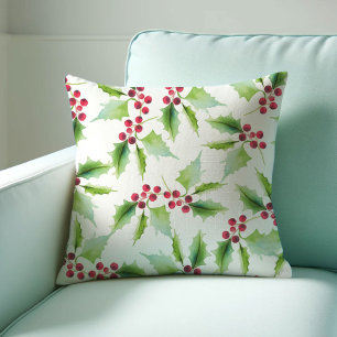 Christmas Throw Pillow Watercolor Holly Berry