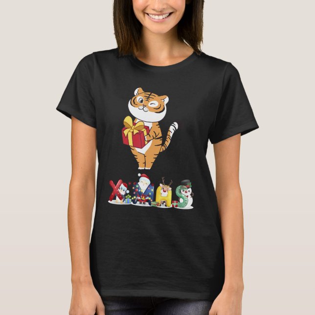 Christmas Tiger Face Tree Snow  Pajama Xmas 2021   T-Shirt (Front)